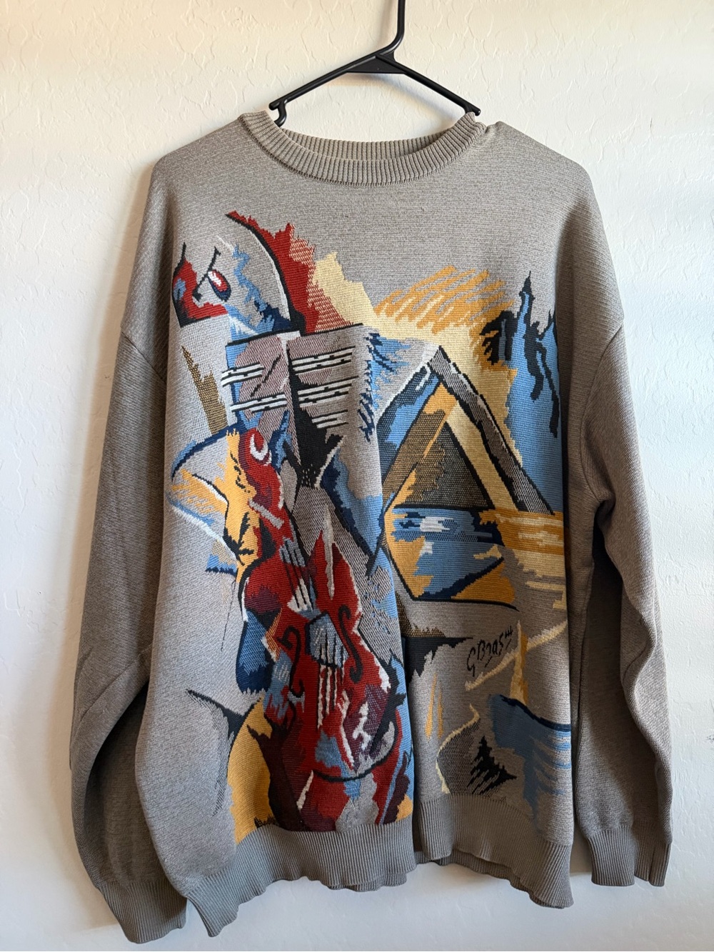 Men's Gray Crewneck Sweater with Multicolor Abstract Knit